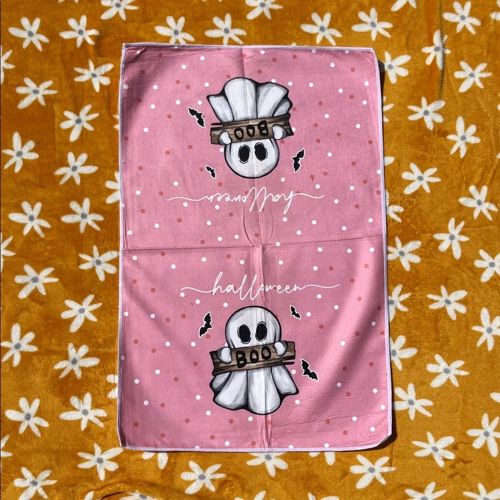 NEW Set of 4 Pink Themed Spooky Cute Ghost Black Cat Kitchen Towels Halloween